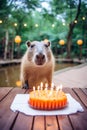 Joyful capybara celebrating birthday. Party, cake, and copy space. Vertical