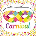 Joyful Carnival illustration with beautfiul Harlequin mask on a colorful confetti and streamers background.
