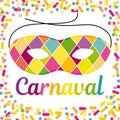 Joyful Carnival illustration with beautfiul Harlequin mask on a colorful confetti and streamers background. Royalty Free Stock Photo