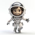 Joyful Cartoon Astronaut Child: Adorable Cosmic Adventure in a Miniature Space Suit with a Radiant Smile.