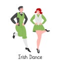 Joyful cartoon couple dancers isolated on white background, vector flat illustration for irish dancing school