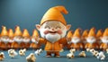 Joyful Cartoon Gnome Leader With a Beaming Smile In Orange Hat Surrounded by Tiny Identical Gnome Followers in Whimsical Scene,