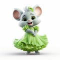 Joyful Cartoon Mouse In Realistic Hyper-detailed Green Dress