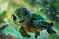 Joyful cartoon sea turtle swimming underwater Royalty Free Stock Photo