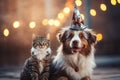 Joyful Cat and Dog Sporting Party Hats for a Festive Birthday Bash with Space for Text