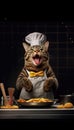 Joyful Cat Posing for TV Food Commercial on Black Background .