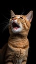 Joyful Cat Posing for TV Food Commercial on Black Background .