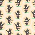 Joyful cat in skirt dancing seamless pattern, cute cat character in flat style. Vector illustration of a pet