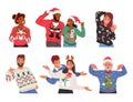 Joyful Characters Decked In Festive, Garish Christmas Sweaters, Striking Humorous Poses Radiating Holiday Cheer