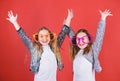 Joyful and cheerful. Sisterhood concept. Friendly relations siblings. Sincere cheerful kids share happiness and love Royalty Free Stock Photo