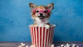 Joyful chihuahua with pink glasses sitting in a popcorn bucket. Concept Pet Portraits, Cute Props, Royalty Free Stock Photo