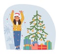 Joyful Child Adorns A Christmas Tree With Twinkling Lights And Colorful Ornaments. Happy Girl Character Spreading Cheer