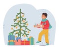 Joyful Child Boy Character Decorates The Christmas Tree, Adorning It With Colorful Ornaments, Sparkling Lights