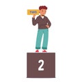 Joyful Child Boy Holds Up The Number Two. Kid Character Representing Progress In Math Learning, Vector Illustration Royalty Free Stock Photo