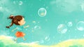 Joyful child chasing bubbles illustration Royalty Free Stock Photo