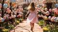 Joyful child eagerly searching for easter eggs amidst the vibrant blossoms of a stunning garden