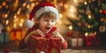 Joyful Child Eagerly Unwraps Christmas Present, Face Full Of Wonder