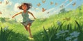 A joyful child running through a lush, green meadow, surrounded by fluttering butterflies, concept of Sprightly freedom