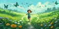 A joyful child running through a lush, green meadow, surrounded by fluttering butterflies, concept of Sprightly freedom