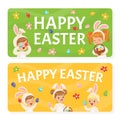 Joyful Children in Bunny Costume Holding Easter Basket and Painted Fggs for Holiday Vector Illustration Royalty Free Stock Photo