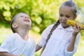 Joyful children eating corn outdoors Royalty Free Stock Photo