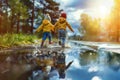 Joyful Children Running Through Puddles on Rainy Day