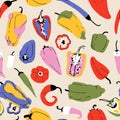 Joyful chili bell peppers seamless pattern vector. Nice colors, simplified shapes vegetable background. Great for kitchen textile