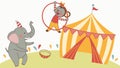 Joyful Circus Tent with Performing Elephant and Monkey, Fun Fair Scene, vector design Generative AI Royalty Free Stock Photo