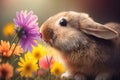 a joyful and colorful easter bunny smelling a colorful spring flower Royalty Free Stock Photo