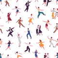 Joyful colorful people dancing vector flat illustration. Happy man, woman and pair in elegant clothes performing dance