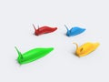 Joyful and colorful slugs in a race - isolated on white background - angle shot