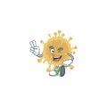 A joyful coronavirus particle mascot design showing his two fingers