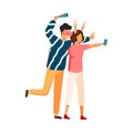 Joyful couple in funny glasses and ears taking selfie together vector flat illustration. Happy man and woman