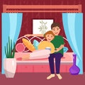 Joyful couple relaxed home cozy sofa, people spend time together watching an interesting movie, cartoon vector Royalty Free Stock Photo