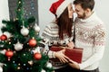 Joyful cozy moments in winter holidays. stylish happy couple wit