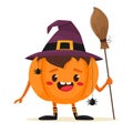 Joyful and cute Halloween pumpkin with a witch`s broom in hand. Happy Halloween. Vector illustration in flat cartoon style.