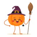 Joyful and cute Halloween pumpkin with a witch`s broom in hand. Happy Halloween. Vector illustration in flat cartoon style.