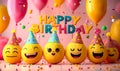 Joyful 3D emoji faces wearing party hats with HAPPY BIRTHDAY message balloons confetti celebrating a festive and cheerful birthday Royalty Free Stock Photo