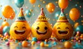 Joyful 3D emoji faces wearing party hats with HAPPY BIRTHDAY message balloons confetti celebrating a festive and cheerful birthday Royalty Free Stock Photo