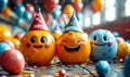 Joyful 3D emoji faces wearing party hats with HAPPY BIRTHDAY message balloons confetti celebrating a festive and cheerful birthday Royalty Free Stock Photo