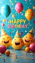 Joyful 3D emoji faces wearing party hats with HAPPY BIRTHDAY message balloons confetti celebrating a festive and cheerful birthday Royalty Free Stock Photo