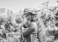 Joyful day. child in field of yellow flowers. teen girl in sunflower field. concept of summer vacation. rich harvest and Royalty Free Stock Photo