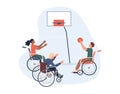 Joyful disabled people in wheelchair playing basketball. Royalty Free Stock Photo