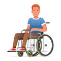 Joyful disabled person is resting in a wheelchair. A man is sitting in a wheelchair. Vector illustration