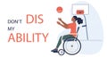 Joyful disabled woman in wheelchair playing basketball.