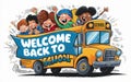 Joyful Diverse Children Riding Vibrant Yellow School Bus on First Day Back to School Royalty Free Stock Photo