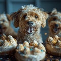 Joyful dog with a birthday cake surrounded by friends. Royalty Free Stock Photo