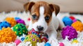 Joyful dog enthusiastically playing with various toys in a comfortable living room setting