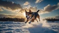 A joyful dog leaps through the snow under a dramatic sunset Royalty Free Stock Photo