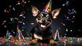 Joyful dog in party hat celebrating with falling confetti at birthday party on pastel background Royalty Free Stock Photo